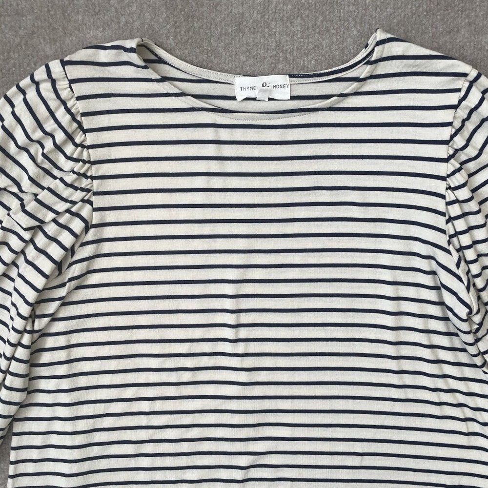 Thyme & Honey Shirt Womens Medium Cream Blue Striped Casual 3/4 Sleeve Casual - Picture 2 of 7